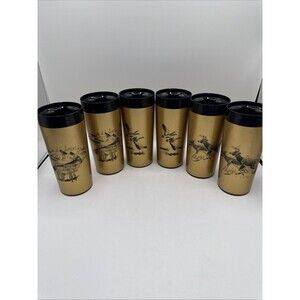 Vintage NFC Thermo Tumblers Set 6 Gold Black Wildlife Deer Fish Geese USA